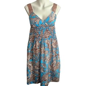 Trina Turk Size 2,  100% Silk Blue & Brown Print Dress Elastic Waist